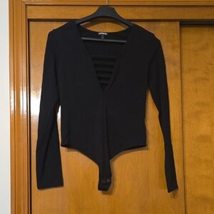 Express Black Long-Sleeve V-Neck Strappy Bodysuit